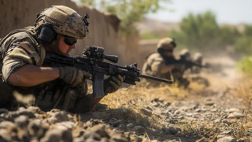 Soldier in prone firing position with optics-equipped rifle in arid terrain