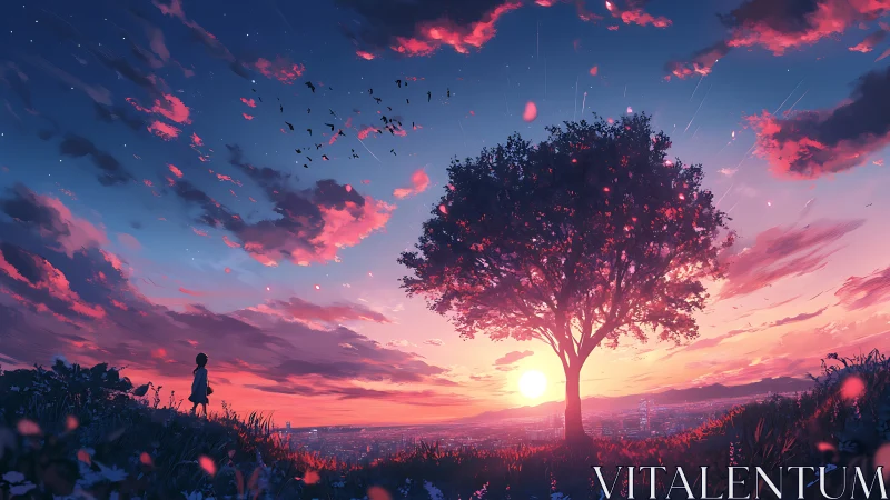 Solitary dreamer beneath a blazing cotton-candy sunset sky.