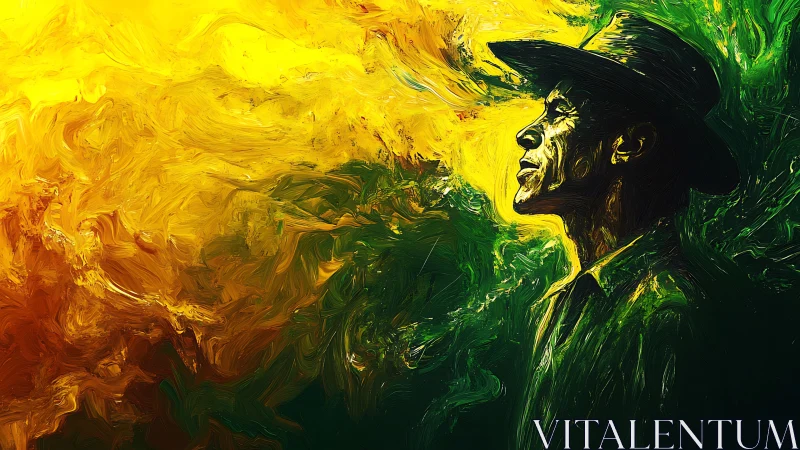 Man in hat painted in swirling yellow and green strokes