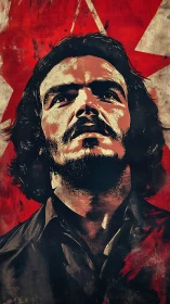 Defiant portrait against distressed red revolutionary field.