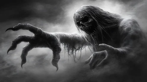 Skeletal wraith with outstretched claws in dense mist.