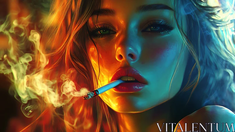 Digital portrait shows woman smoking with vivid neon smoke
