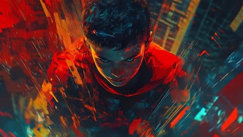 Digital portrait shows hooded figure amid red cyan motion streaks