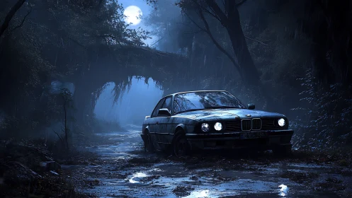 Moonlit sedan navigates flooded forest track under heavy rainfall