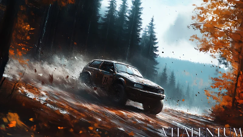 Rally car kicking up autumn mud through misty pines.