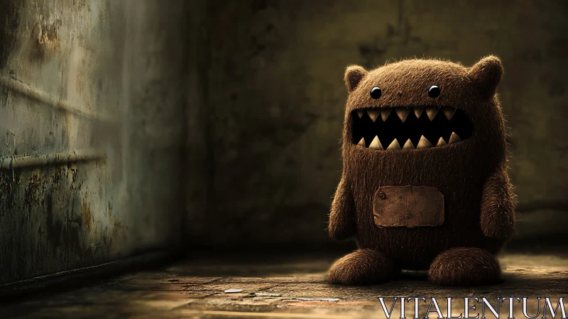 Shaggy toy monster grins in a dim, weathered alleyway.