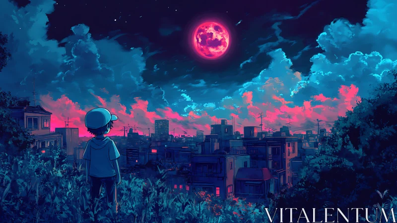 Boy watching neon pink moon above glowing night city.