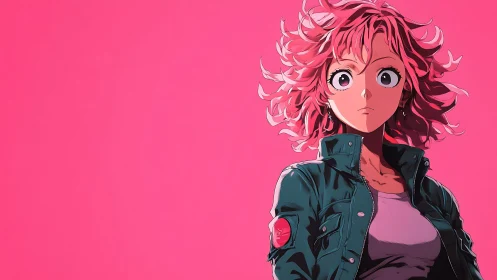 Pink-haired anime heroine stands against bold neon backdrop.
