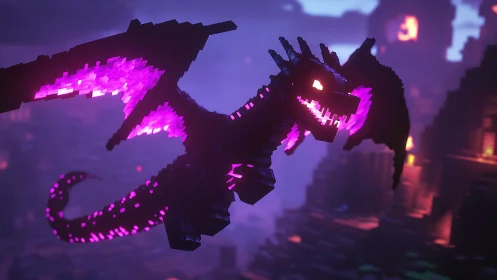 Glowing pixel dragon soars through a moody neon night sky.