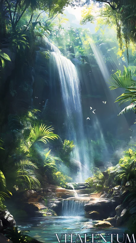 Digital painting of luminous jungle waterfall gorge composition.