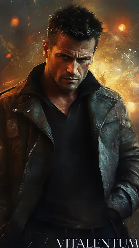Brooding antihero in leather jacket against fiery bokeh backdrop