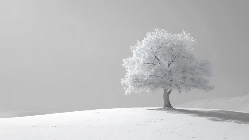 Solitary frost-covered tree on smooth winter hillside.