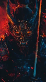 Digital painting of demonic samurai bust with infernal lighting.
