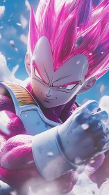 Fierce pink‑haired warrior powers up in glowing battle sky