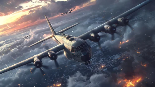 Military bomber aircraft over burning city at dusk.
