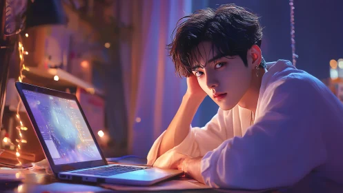 Young man works late beside glowing laptop in neon room