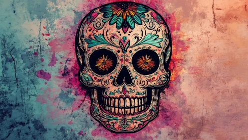 Floral sugar skull blooms against grungy twilight wall.