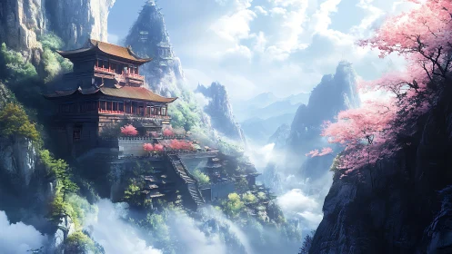 Mountain temple complex amid mist and cherry blossoms.