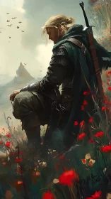 Medieval warrior rests in field of red wildflowers