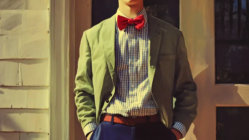 Man in blazer, bow tie and checkered shirt outside a door.