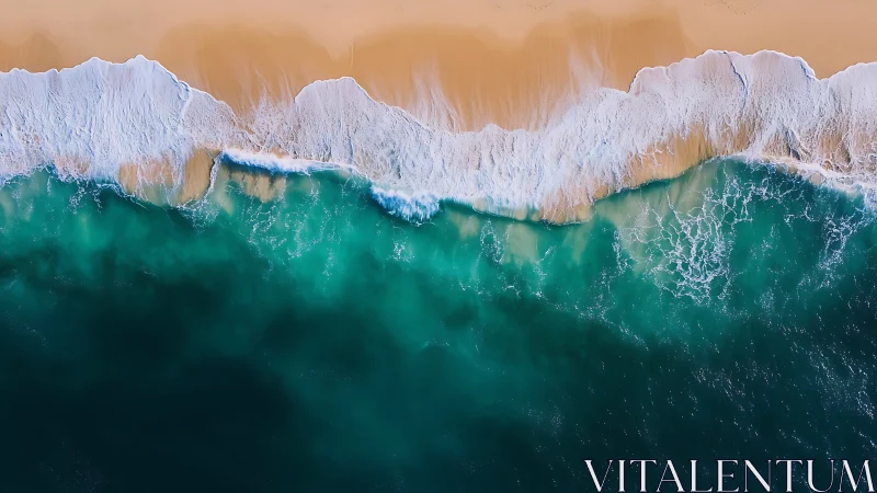 Aerial shoreline with turquoise surf and golden sand gradient