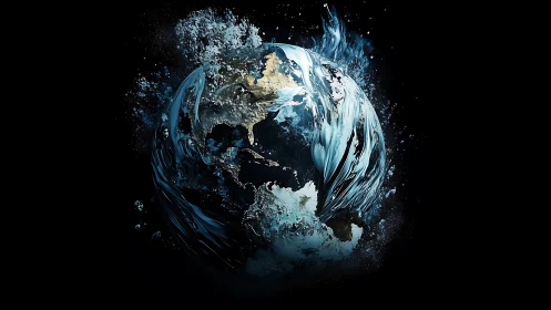 Earth reshaped by swirling water in cosmic darkness.