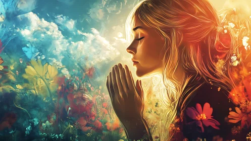 Digital portrait of praying woman in glowing floral light.