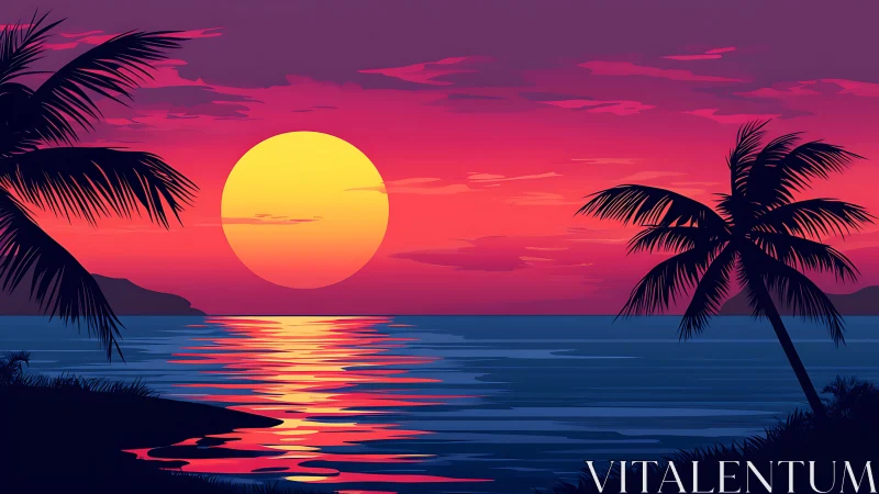 Stylized tropical sunset seascape uses bold vector gradients