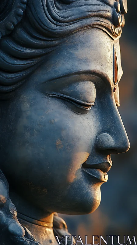 Serene stone deity profile glows in warm evening light