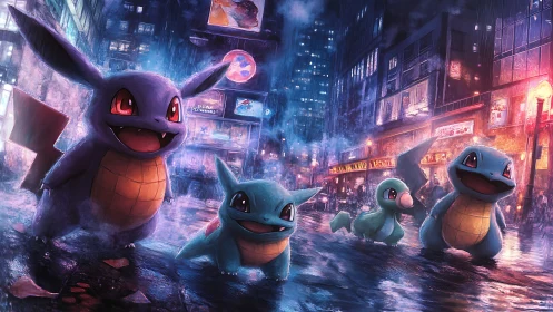 Playful blue creatures exploring a neon soaked night city.