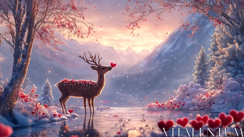 Deer with heart motifs in snowy mountain landscape at dusk.