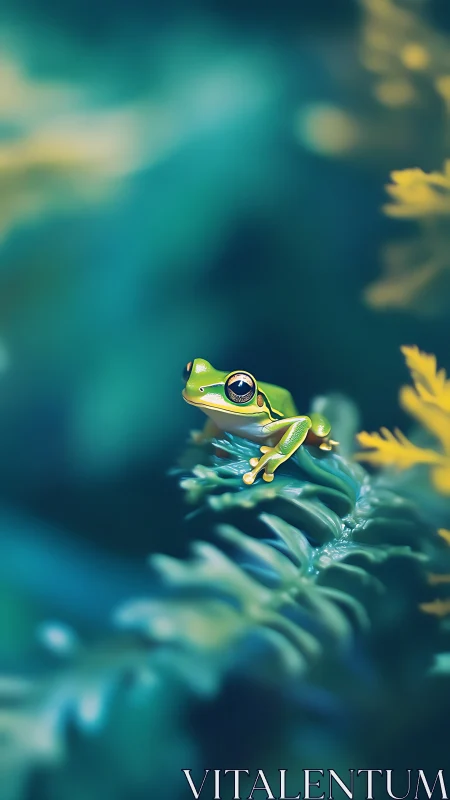 Digital painting of a tree frog on fern with soft bokeh field.