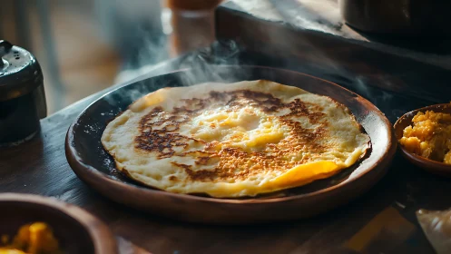 Golden breakfast crepe steaming on a rustic wooden plate.