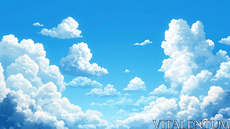 Sunlit cotton clouds drifting softly across bright sky.