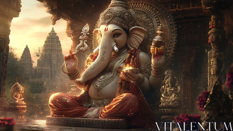 Ganesh statue sits in ornate temple with glowing lamp