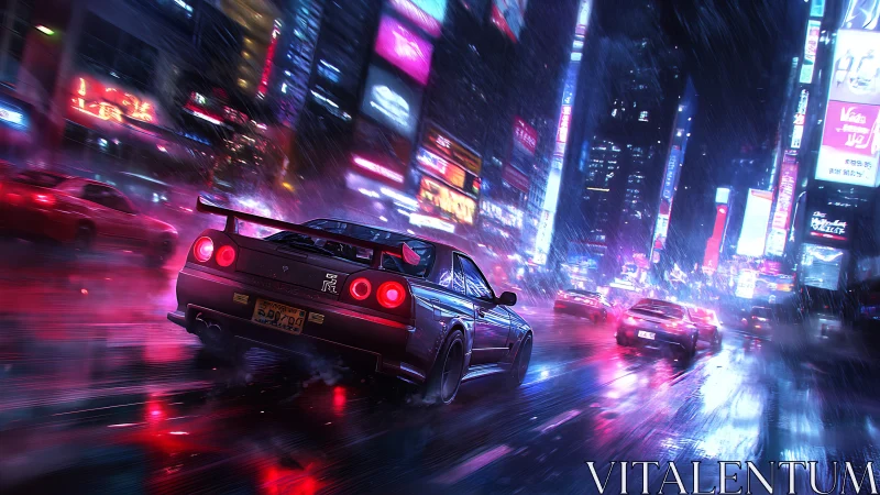 Night street race through neon soaked city in heavy rain.