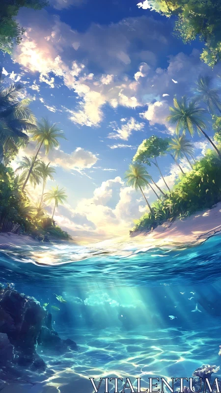 Tropical lagoon split view captures radiant sky and seabed