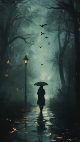 Umbrella wanderer crossing a moonlit, mist-soaked forest path.