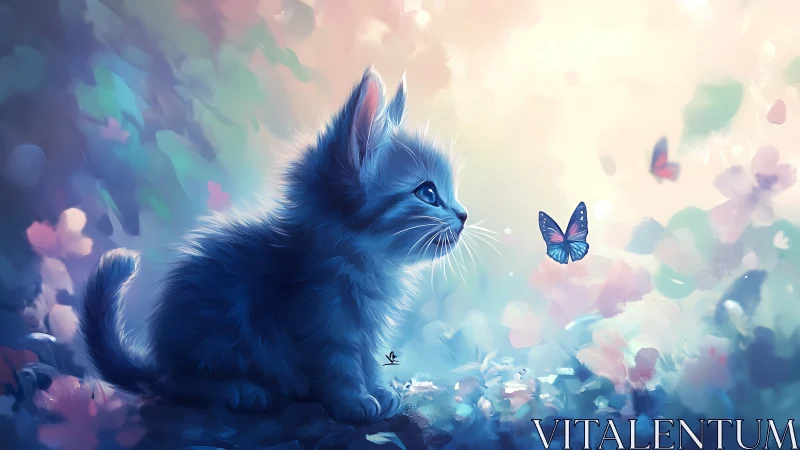 Blue Cat Watching Butterfly in Dreamy Sky