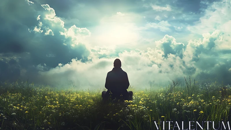 Solitary dreamer rests beneath storm-brightened skyfields.