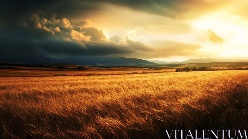 Golden wheat field under dramatic storm-lit sunset sky dynamics