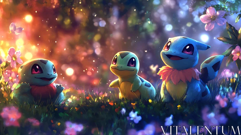 Digital painting of playful blue creatures in luminous forest.