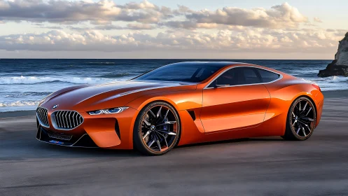 Orange sports coupe concept car parked beside an ocean shoreline.