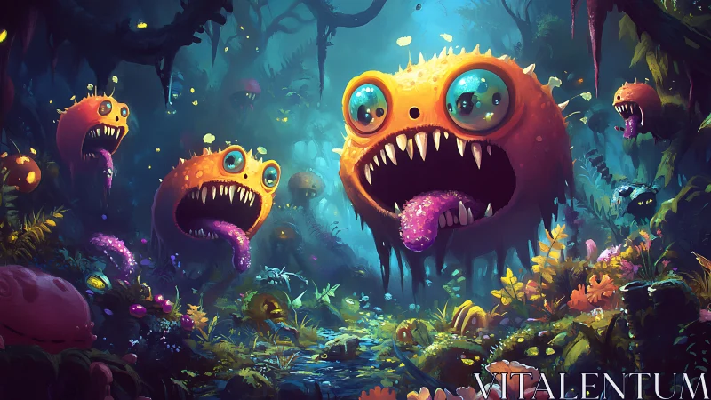 Neon jungle monsters roar inside glowing alien forest