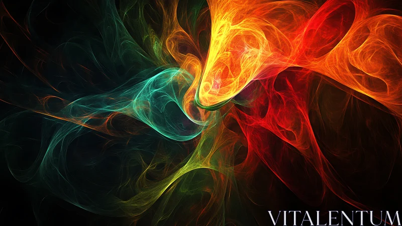 Fractal energy vortex blends teal, gold, and crimson light.