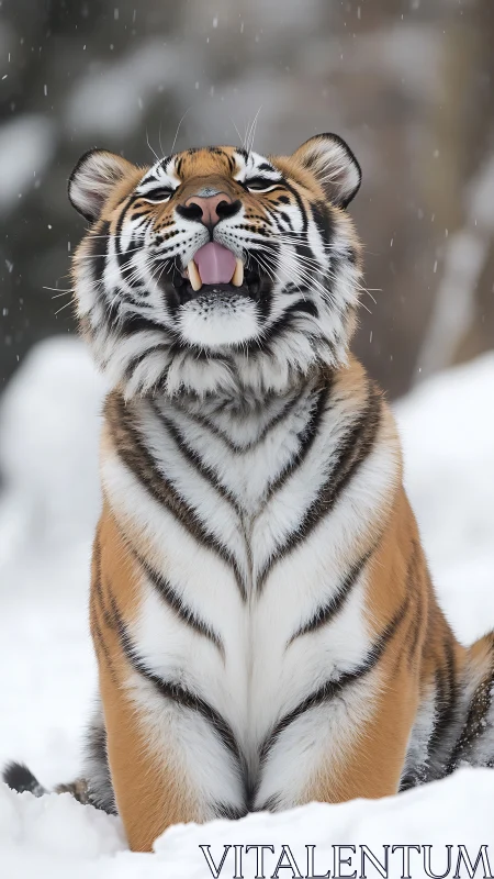 Snowy tiger soaking up winter magic with playful delight.