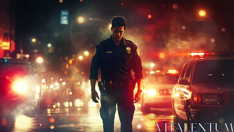 Night patrol officer walks through backlit traffic haze and sirens