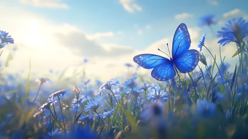 Blue butterfly glides through a sunlit wildflower meadow