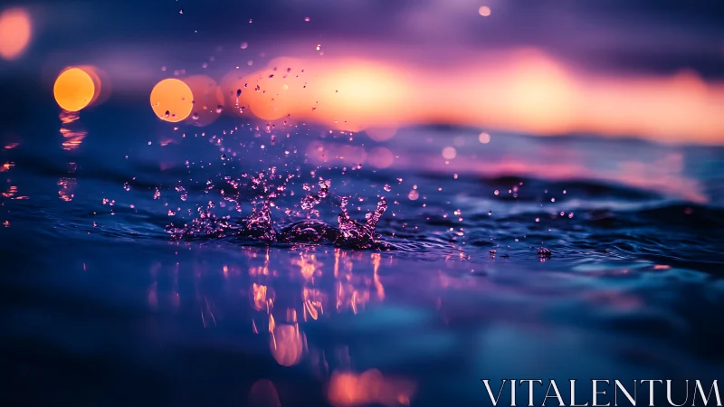 High-speed ocean splash with neon bokeh at twilight horizon.
