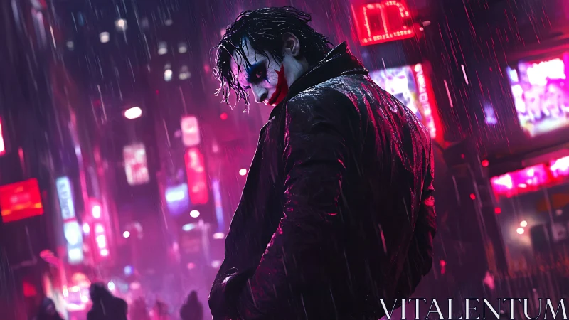 Brooding clown vigilante in neon drenched cyberpunk alleyway.